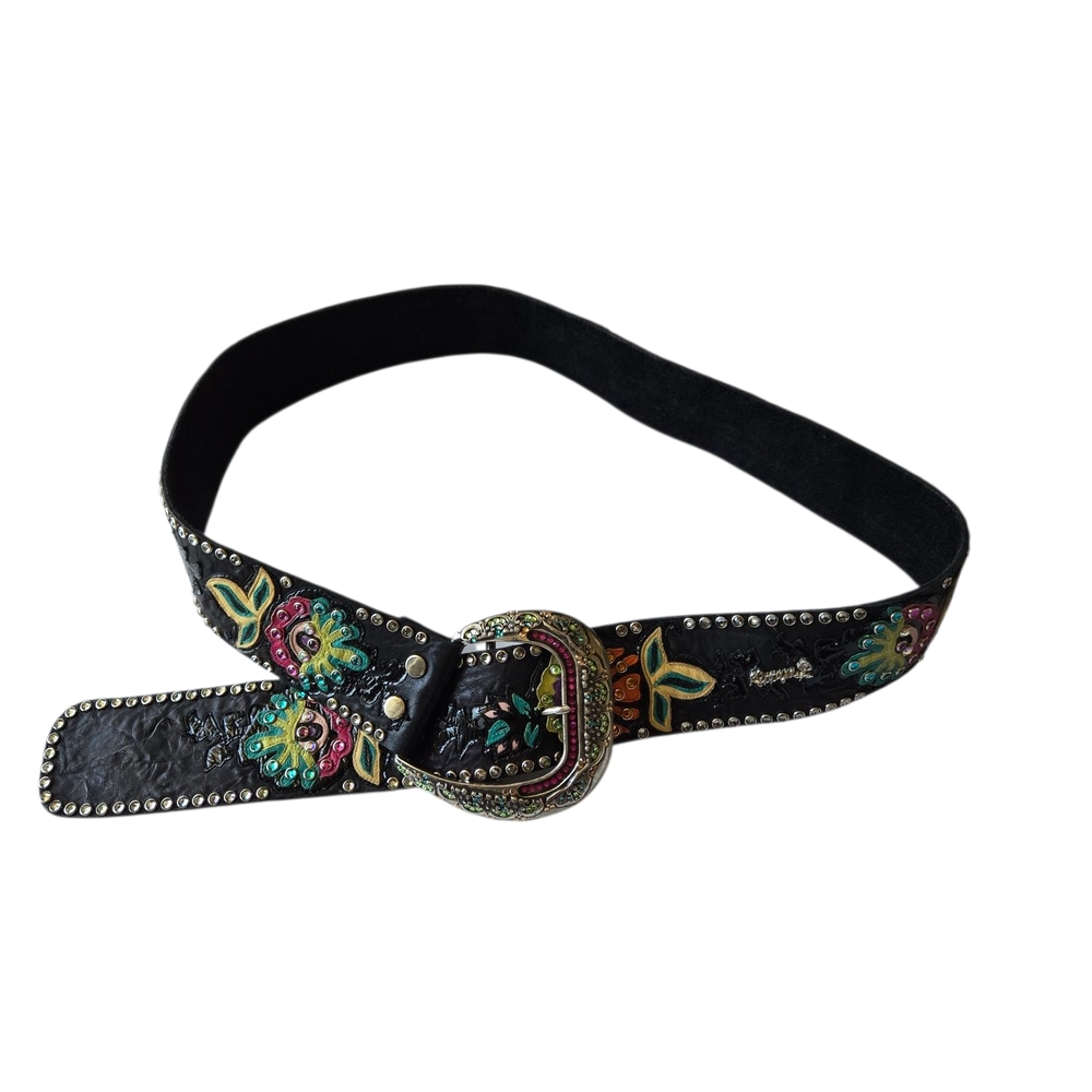Embroidered Black Leather Belt